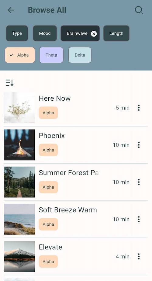 Screenshot of the Restful app with the Alpha brain waves filter applied